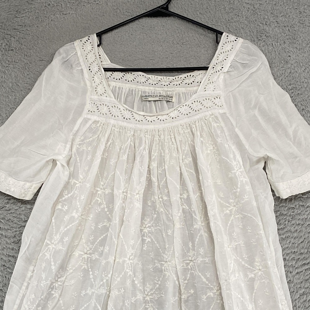 AllSaints Blessed Smock Dress Womens 6 White Swing Boho Peasant Embroidered - Picture 2 of 14
